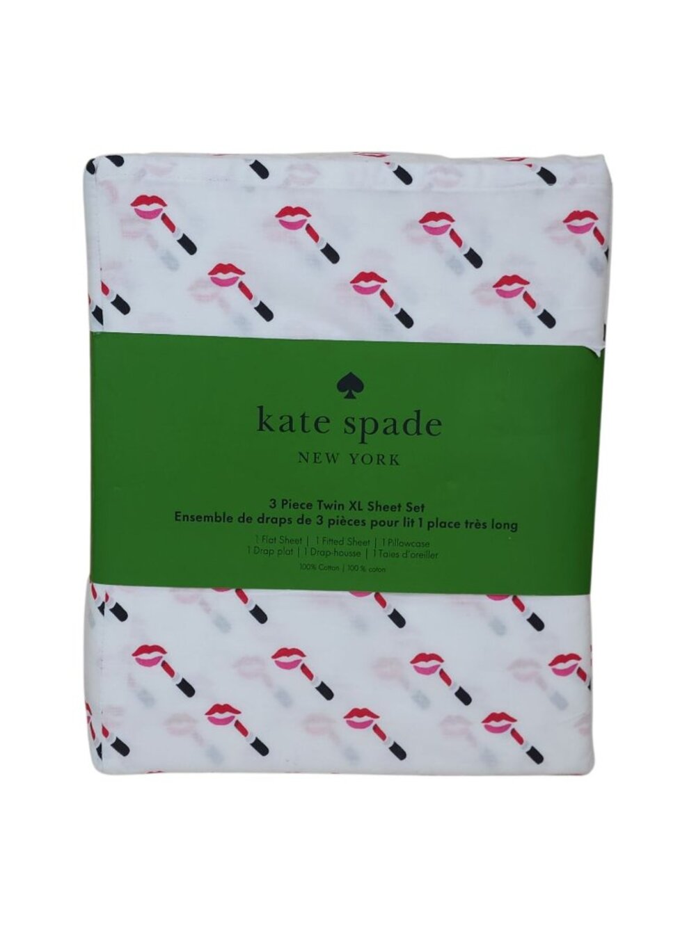 Kate Spade New York Twin XL 3-Piece Sheet Set Lipstick Kiss Print Black Red Pint